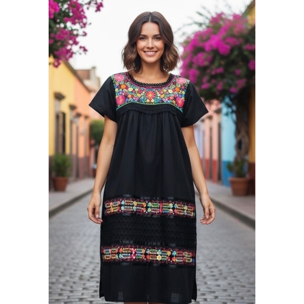 Authentic Mexican Midi Dress Colorful Embroidered Festive Floral Women's XL